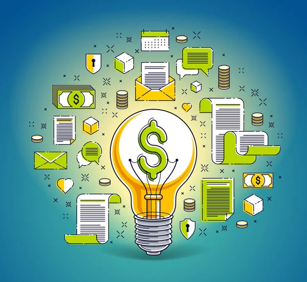 Shining Light Bulb Set Icons Business Idea Creative Concept Commerce — Stock Vector