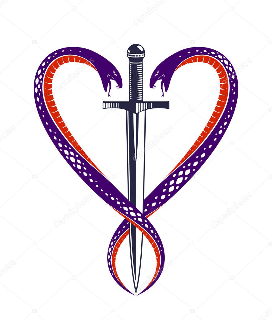 Dagger and two snakes in a shape of heart vector vintage style emblem or logo, chivalry love and honor concept, medieval Victorian style.