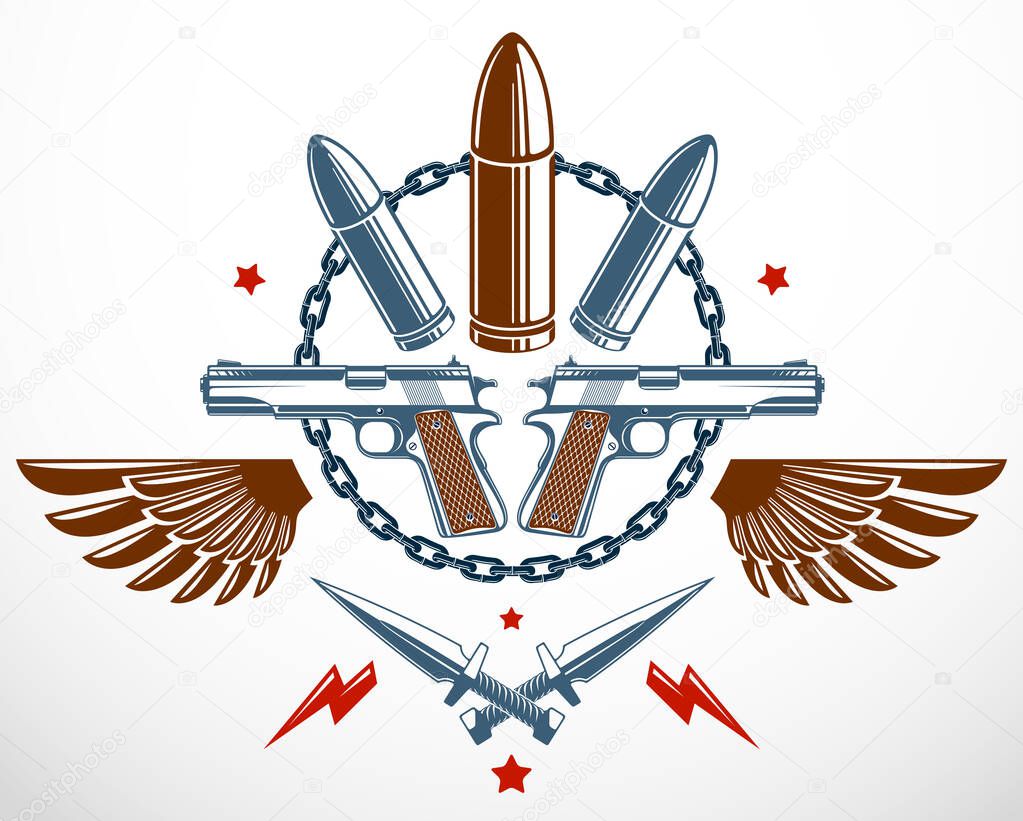 Bullets and guns vector emblem of Revolution and War, logo or tattoo with lots of different design elements, anarchy and chaos concept, criminal and gangster style, social tension theme.