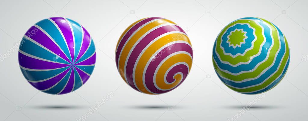 Realistic glossy vector spheres set decorated with pattern, cute balls abstract graphic design elements collection.
