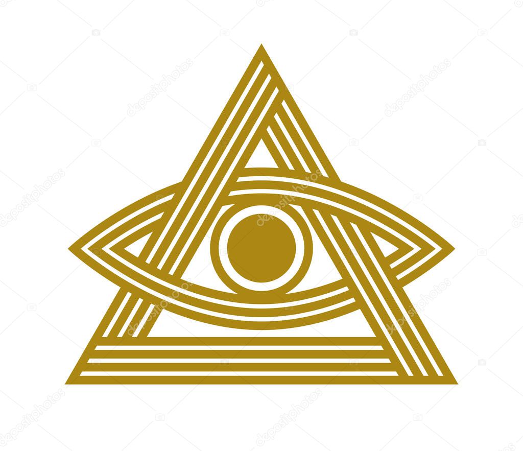 All seeing eye in triangle pyramid vector ancient symbol in modern linear style isolated on white, eye of god, masonic sign, secret knowledge illuminati.
