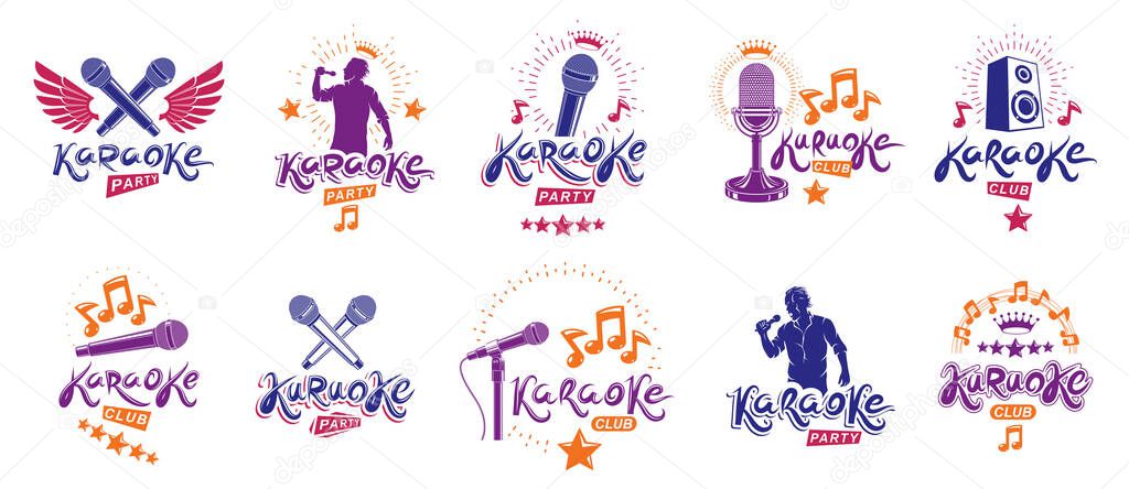 Karaoke party or club logos and emblems vector set isolated, singing music nightlife entertainment weekend theme, microphones and musical notes compositions.