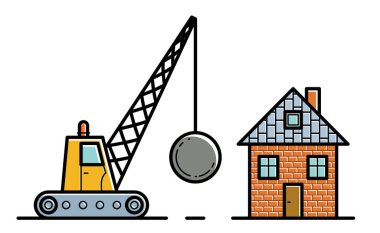 Yok edilecek ağır metal top ve küçük evi olan yıkım makinesi beyaz arkaplanda izole edilmiş vektör çizimi.