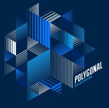 Çizgi tasarımı 3D küpler ve üçgenler soyut arkaplan, çokgen düşük izometrik retro biçim şablonu. Çizgili grafik ögesi izole edildi. Poster ya da afiş, kapak ya da reklam için şablon.