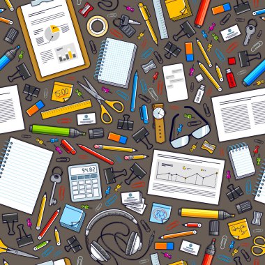 Çalışma masası üst görünümü bir çok farklı kırtasiye elemanı ile dikişsiz vektör duvar kağıdı, iş temalı resim çeşitlilik nesneleri resimleriyle.