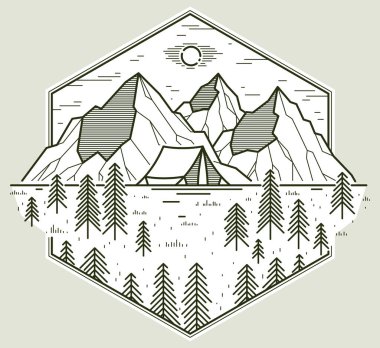 Dağlarda kamp çadırı sıradağları ve çam ormanları vektör doğrusal amblemi beyaz, bayramlarda ve orman hattında tatillerde izole edilmiş sanat, tasarım gezisi logosu.