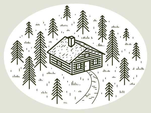 Cabin Woods Pine Forest Linear Vector Nature Illustration Isolated White — Stock Vector