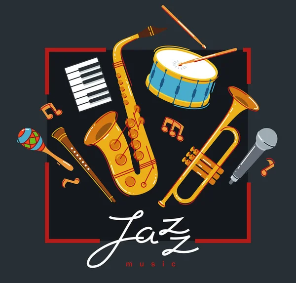 Jazz Zenekar Poszter Különböző Hangszerek Vektor Lapos Illusztráció Sötét Élő — Stock Vector