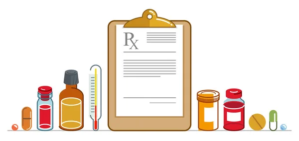 Rx医生处方与不同的药物和药物载体平面图解隔离在白色之上 广告横幅保健和治疗医学主题设计 — 图库矢量图片