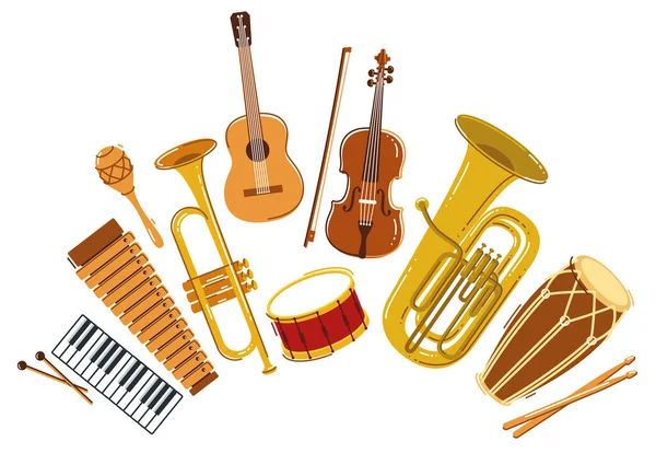 Classical Music Instruments Composition Vector Flat Style Illustration Isolated White — Stock Vector