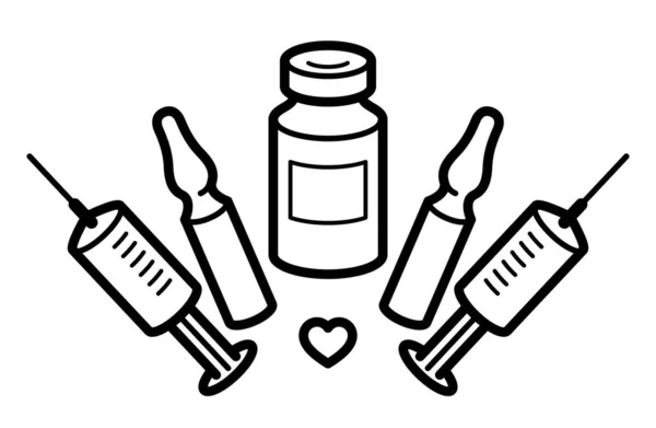 用注射器和小瓶分离的注射器在白色 流行病或大流行的柯龙病毒19或流感疫苗或非典型肺炎或任何其他疫苗上的疫苗主题载体说明 药理学概念 — 图库矢量图片