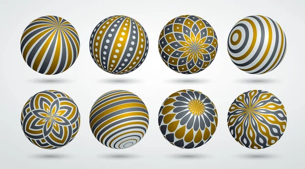 Ensemble Sphères Vectorielles Abstraites Collection Boules Décorées Motifs Globes Réalistes — Image vectorielle