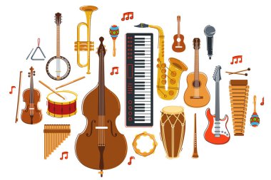 Müzik orkestrası çeşitli enstrümanlar vektör düz illüstrasyon beyaz zemin, canlı müzik konseri veya festival, müzik grubu veya orkestra çalıyor ve şarkı söylüyor.