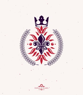 Lily Flower Royal amblemi. Heraldic Coat of Arms dekoratif kurdele ve imparatorluk tacıyla yaratılmış vektör çizimini izole etti. Ekoloji ve çevre koruma iş logosu.