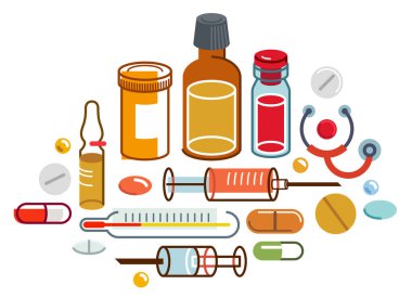 Büyük ilaç bileşimi vektör düz illüstrasyon izole, eczane ilaçları eczacı şişeleri ve haplar ve ampuller, sağlık hizmetleri ve iyileştirme teması tasarımı.