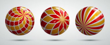 Soyut vektör gerçekçi küreler seti, desenlerle süslenmiş güzel festival topları koleksiyonu, grafik tasarım elementleri.