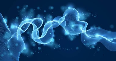 Karanlık arkaplanda akan parçacık dizisi, dinamik ses dalgası. 3d vektör illüstrasyonu. Parlak parlak noktalar, güzel rahatlatıcı duvar kağıdı çizimleri..