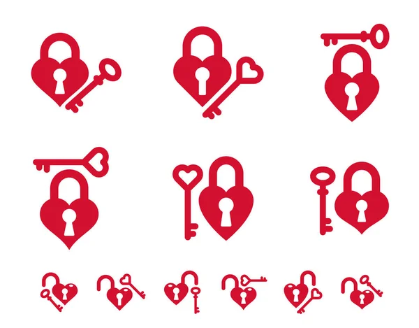 Corazón Forma Candados Vector Logos Iconos Conjunto Cerraduras Llaves Mano — Vector de stock