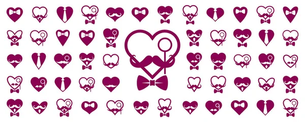 Gentleman Hearts Vector Icons Logos Set Heart Shapes Ties Mustaches — Stock Vector