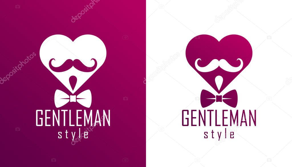 Gentleman heart vector icon or logo, heart shape with tie mustache and glasses symbol, man club, male hipster style and fashion.