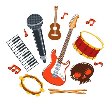 Rock müzik grubu vektör düz illüstrasyon beyaz zemin üzerinde izole edilmiş, hard rock ve heavy metal canlı müzik festivali veya konser, rock n roll müzik grubu, gece kulübü partisi.