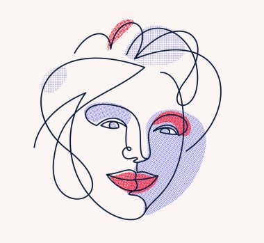Soyut yüz kız vektör portresi, soyut sanat kadın kafası, el çizimi minimal modern sanat eseri, insan yüzü soyutlaması.