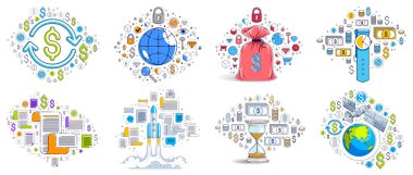 Farklı işletme parası ve finans kavramları vektör illüstrasyonları seti, modaya uygun tasarım çizimleri ticari tema koleksiyonu, birçok simge ve sembol dahil olmak üzere ayrı olarak kullanılabilir, elementler ayrı olarak kullanılabilir.