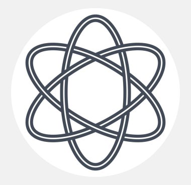 Beyaz, bilim simgesi veya temel parçacık logosu üzerinde izole edilmiş modern doğrusal tarzda atom vektörü sembolü, fizik eğitimi teması.