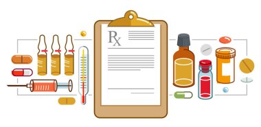 İlaç konsepti reçetesi, farklı uyuşturucu ve ilaç vektörü düz biçim illüstrasyonu beyaz, reklam afişi sağlık hizmetleri ve iyileştirme teması tasarımı, RX.