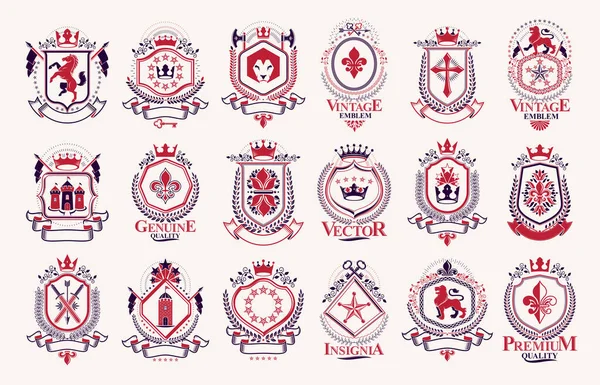 Emblemas Estilo Clássico Grande Conjunto Símbolos Heráldicos Antigos Prêmios Etiquetas — Vetor de Stock