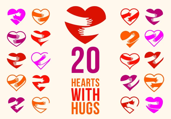 Hearts Hugs Vector Logos Icons Set Hands Holding Heart Care — Stock Vector