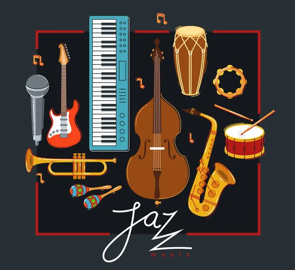 Cartaz Banda Música Jazz Diferentes Instrumentos Vetor Plana Ilustração Escuro —  Vetores de Stock