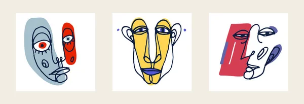 Abstraktes Gesicht Vektor Porträtset Abstraktion Kunst Männerkopf Handgezeichnete Minimale Moderne — Stockvektor