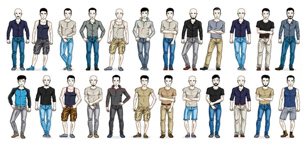 Gündelik Giyinen Yakışıklı Erkekler Ayakta Duruyor Vektör Çizimleri Yapıyor Beyaz — Stok Vektör
