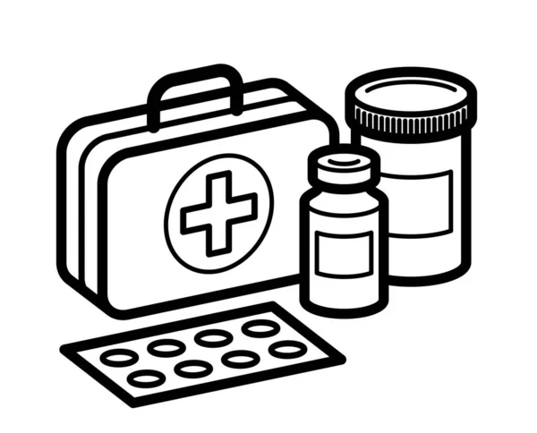 医学応急処置医療キットのテーマ薬やボトル3Dベクトルイラスト孤立した 薬や薬 健康管理薬の漫画 ビタミンや抗生物質 シンプルな線形デザイン — ストックベクタ