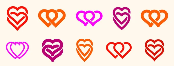 Doble Dos Corazones Vector Iconos Logotipos Conjunto Boda Pareja Concepto — Archivo Imágenes Vectoriales