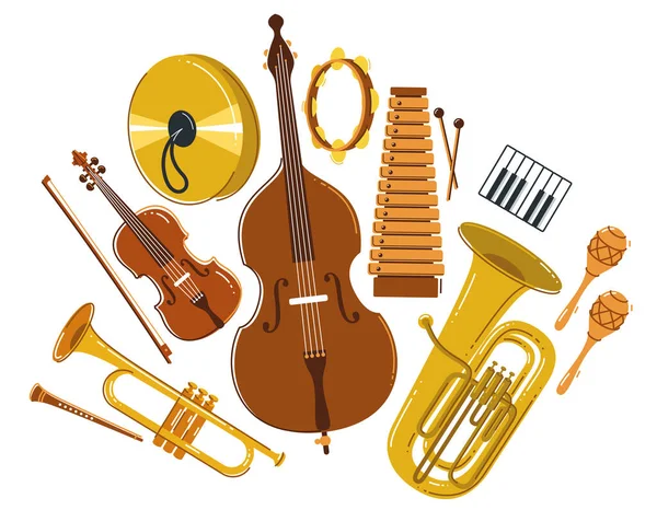 用白色 古典管弦乐 音乐会或音乐节现场声音孤立起来的古典音乐乐器构图矢量平面风格插图 — 图库矢量图片