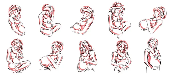 Embarazada Mujer Vector Mano Dibujado Ilustraciones Conjunto Aislado Sobre Fondo — Archivo Imágenes Vectoriales