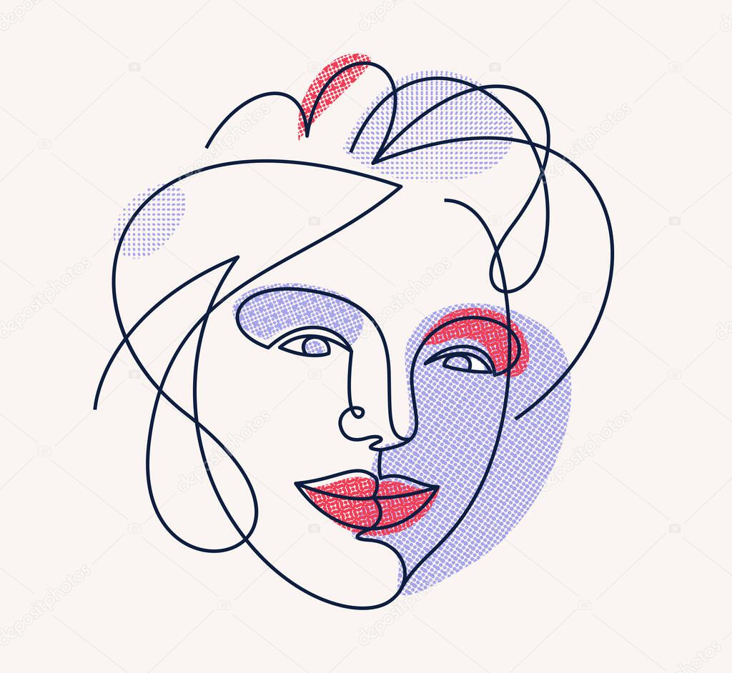 Abstract face girl vector portrait, abstraction art woman head, hand drawn minimal modern artwork, painted human facial abstraction.