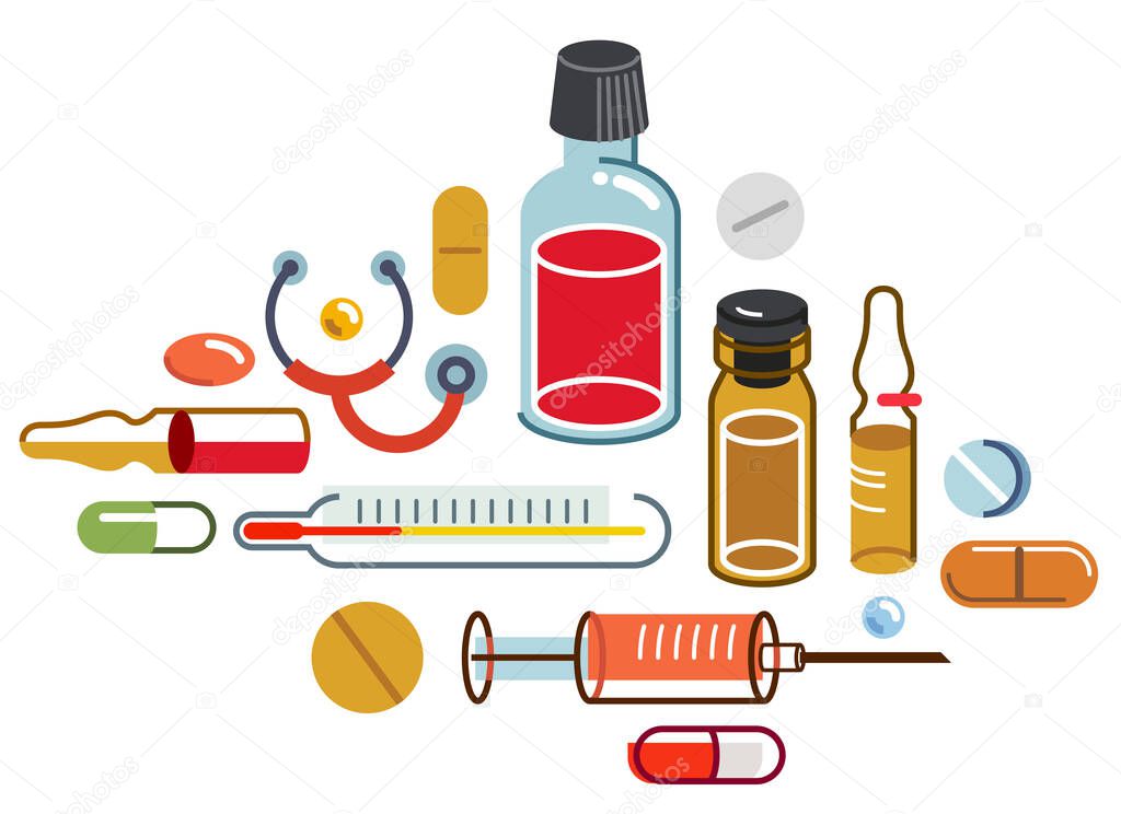 Big composition set of medicaments vector flat illustration isolated, pharmacy drugs apothecary bottles and pills and ampules, health care and healing medical theme design.