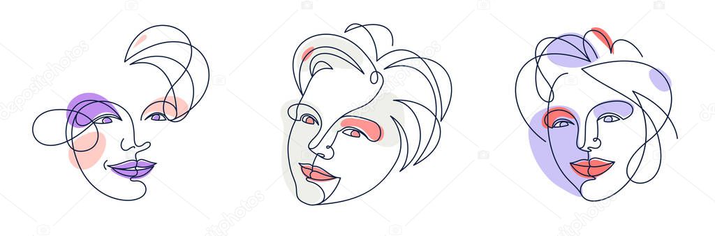 Abstract woman face vector artwork set, modern trendy lady portrait art, hand drawn surreal beauty, minimal artistic design, painted sur human head.