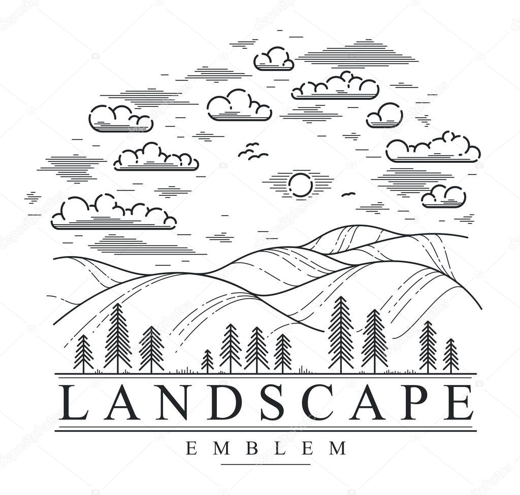 Beautiful scenic grasslands and pine trees vector linear emblem isolated on white, outdoor hiking camping ant travel active lifestyle logo, line art drawing rural nature badge.