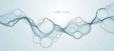 Soyut vektör biyolojik sıvısı, noktalı yatay vektör parçacık akışı şekli, nano tıbbi teknoloji, mikrobiyoloji bilim kurgu teması illüstrasyonu.