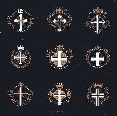 Christian Cross amblemleri yerleştirildi. Arms dekoratif logoları Heraldic Coat izole edilmiş vektör çizimleri koleksiyonu.