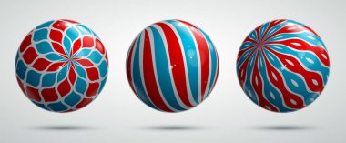 Gerçekçi parlak vektör küreleri desenle dekore edilmiş şirin toplar soyut grafik tasarım elemanları koleksiyonu.