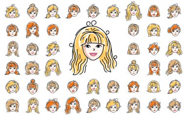 Güzel kadın yüzleri ve saç şekilleri beyaz arka planda izole edilmiş vektör çizimleri, mutlu çekici güzel yüzler farklı saç kesimleriyle avatarlar.