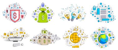 Farklı işletme parası ve finans kavramları vektör illüstrasyonları seti, modaya uygun tasarım çizimleri ticari tema koleksiyonu, birçok simge ve sembol dahil olmak üzere ayrı olarak kullanılabilir, elementler ayrı olarak kullanılabilir.