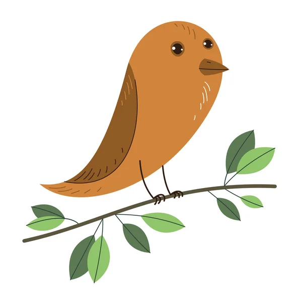 Pequeno Pássaro Bonito Ramo Cercado Por Folhas Vetor Estilo Plano — Vetor de Stock