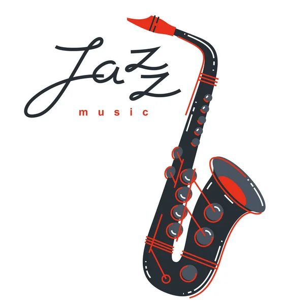 Jazz Muziek Embleem Logo Vector Platte Stijl Illustratie Geïsoleerd Saxofoon — Stockvector