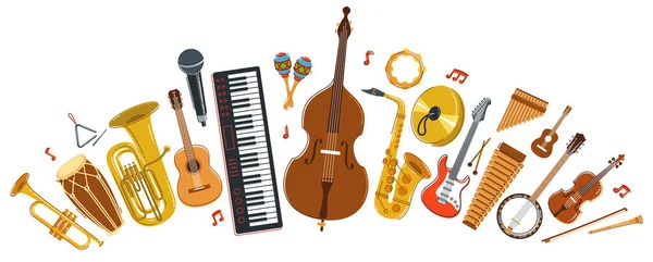 Music Orchestra Diverse Instruments Vector Flat Illustration Isolated White Background — Stock Vector